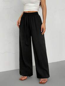 SHEIN PETITE Women's Solid Color Casual Straight-Leg Pants Winter Black Spring - Black - View 5
