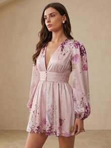 Aveloria Modichic 女士深V领印花褶皱腰身优雅迷你连衣裙，适合春夏婚礼、约会、派对和周末聚会。 - 粉色 - 查看 6