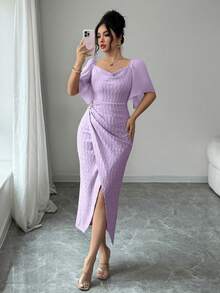 Modelyn Women's Metal Buckle Color Block Ruffle Collar Petal Sleeve Fitted Elegant Dress, Spring/Summer - Purple - View 7