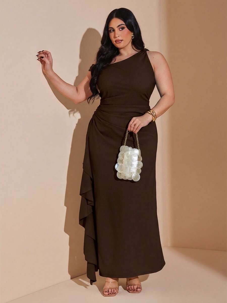 SHEIN BAE 大码女式绿色不对称领连衣裙 - 棕色 - 查看 1