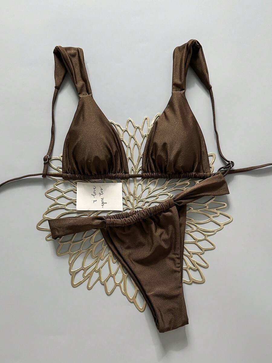 SHEIN Swim Vcay 女士夏季沙滩纯色性感比基尼泳衣套装 棕色内衣套装 棕色两件式泳衣 棕色比基尼 女士比基尼套装 女士泳装两件套 - 棕色 - 查看 1