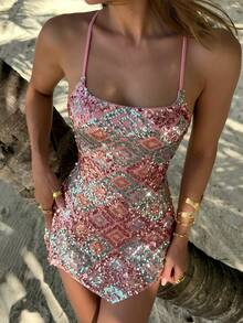 Firerie Women's Backless Sequin Geometric Print Bodycon Dress Mini Pink Green Party Vacation Wedding Guest Women,Summer Dresses For - Multicolor - View 5