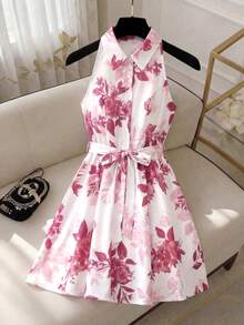 SHEIN Elenzya Đầm hoa không tay in họa tiết, dáng xòe, eo thon, thanh lịch, lãng mạn dành cho nữ. - Nhiều màu - Xem 7