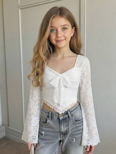 SHEIN Tween Girls' French Elegant Long Sleeve Textured Solid Color T-Shirt Blouses For Girls Youth Girl Clothes Cute Tops For Kids Blouse For Teens Girl Teen Girl Outfits Cute Tops For Kids