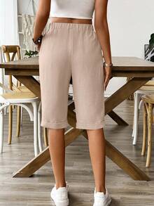 SHEIN Holidaya Elastic Waist Linen-Like Casual Shorts, Summer - Apricot - View 2