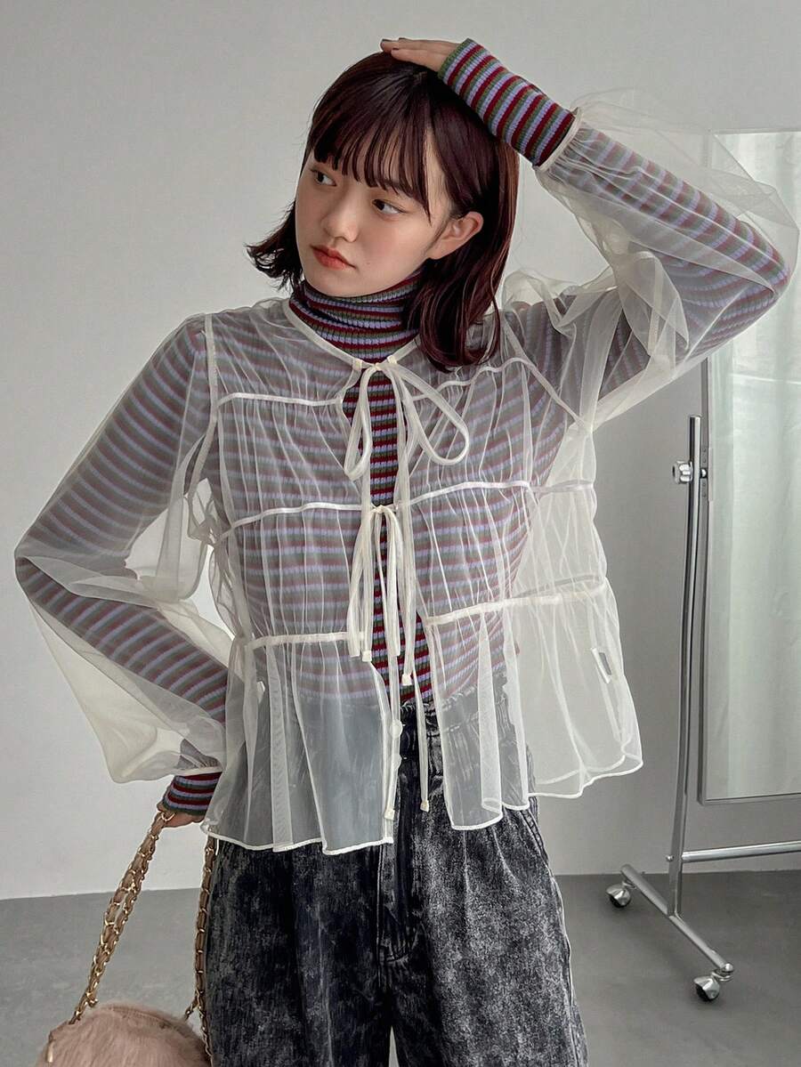 FRIFUL Áo kiểu nữ tay dài, dáng rộng, thắt nơ phía trước, chất liệu lưới xuyên thấu. - trắng - Xem 1