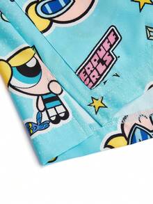 PopScrub THE POWERPUFF GIRLS X SHEIN 女款秋季清新淺藍色泡泡獨家滿版印花V領刷手衣，口袋短袖卡通IP聯名制服工作服女僕動漫風 - 藍色 - 查看 3