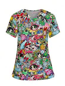 PopScrub THE POWERPUFF GIRLS X SHEIN 女士夏季个性化涂鸦印花护士服，带口袋短袖上衣 - 彩色 - 查看 9