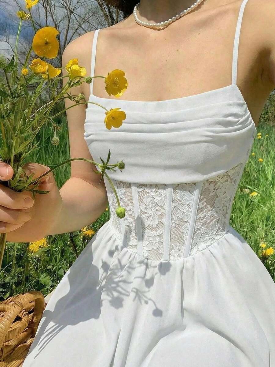 SHEIN MOD 女士蕾丝拼接荷叶边性感约会派对吊带裙 - 白色 - 查看 1