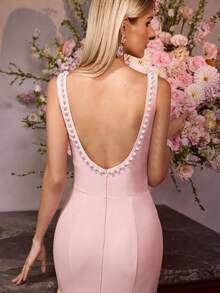 MOTF Soiréza 女士仿珍珠水钻露背鱼尾连衣裙，适合鸡尾酒会、婚礼、春夏穿着 - 粉色 - 查看 2