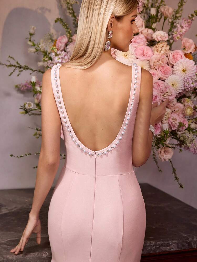 MOTF Soiréza WOMEN'S FAUX PEARL & RHINESTONE BACKLESS FISHTAIL DRESS, SUITABLE FOR COCKTAIL PARTY, WEDDING, SPRING/SUMMER