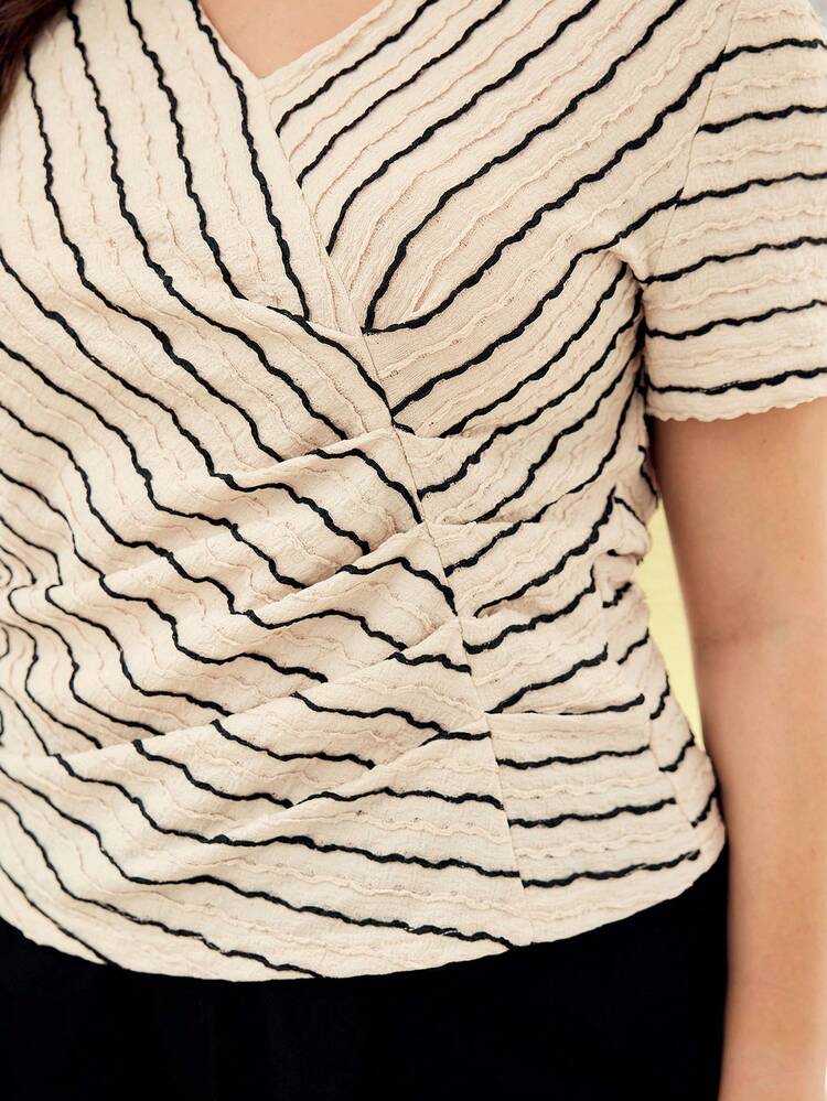 PLUS TEXTURED JACQUARD KNIT ELASTIC STRIPED ASYMMETRIC DESIGN SHORT SLEEVE TOP