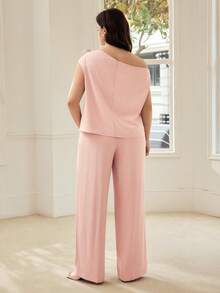 MOTF PREMIUM PLUS SIZE WOMEN SPRING/SUMMER STEREO FLORAL ASYMMETRICAL SHOULDER TOP AND PANTS SET - Dusty Pink - View 3