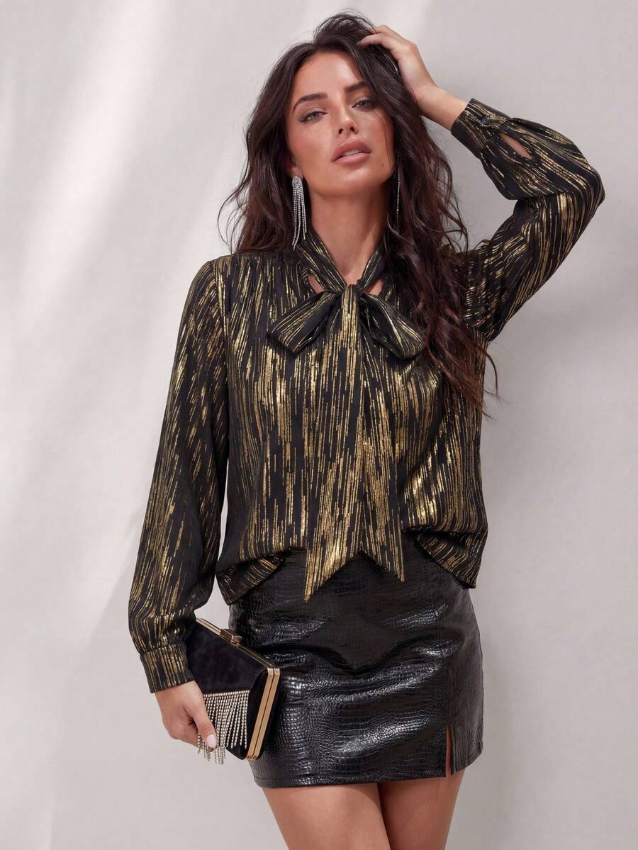 Glamine 女士黑色箔纸蝴蝶结领宽松办公正式场合时尚衬衫