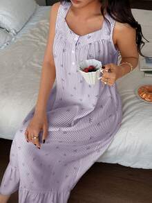 Napfluff Ruffled Hem Striped Bow Print Sleeveless Cute Women's Nightgown In Deep Purple - Purple - View 6