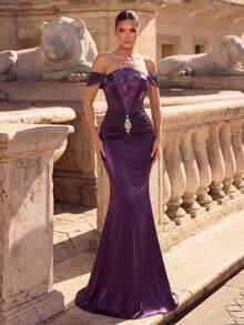 Glamrae 优雅奢华串珠刺绣开衩美人鱼款奶油色缎面不对称腰身束腰连衣裙，适合节日、婚礼、晚宴、音乐会、商务活动、网红活动等场合。 - 紫色 - 查看 2