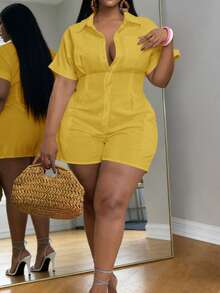 Slaydiva Mustard Yellow,Summer,Smart Casual,Vacation Plus Size Short Jumpsuit,Solid Shirt Collar Open Front Pocket Rolled Cuff Waisted Semi-Sheer Woven Fabric - Yellow - View 1