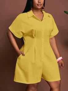Slaydiva Mustard Yellow,Summer,Smart Casual,Vacation Plus Size Short Jumpsuit,Solid Shirt Collar Open Front Pocket Rolled Cuff Waisted Semi-Sheer Woven Fabric - Yellow - View 4