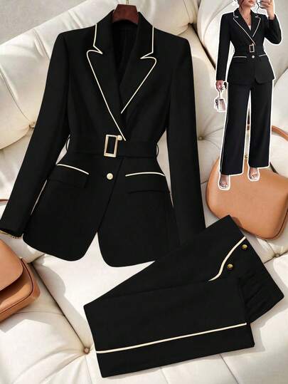 GlowEve CURVE Plus Size Women Patchwork Elegant Blazer + Straight Leg Pants, Business/Commute