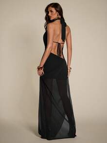 SHEIN BAE Women's Solid Color Plunging Neckline Side Slit Hem Elegant Halter Dress,Summer Dresses For Women - Black - View 2