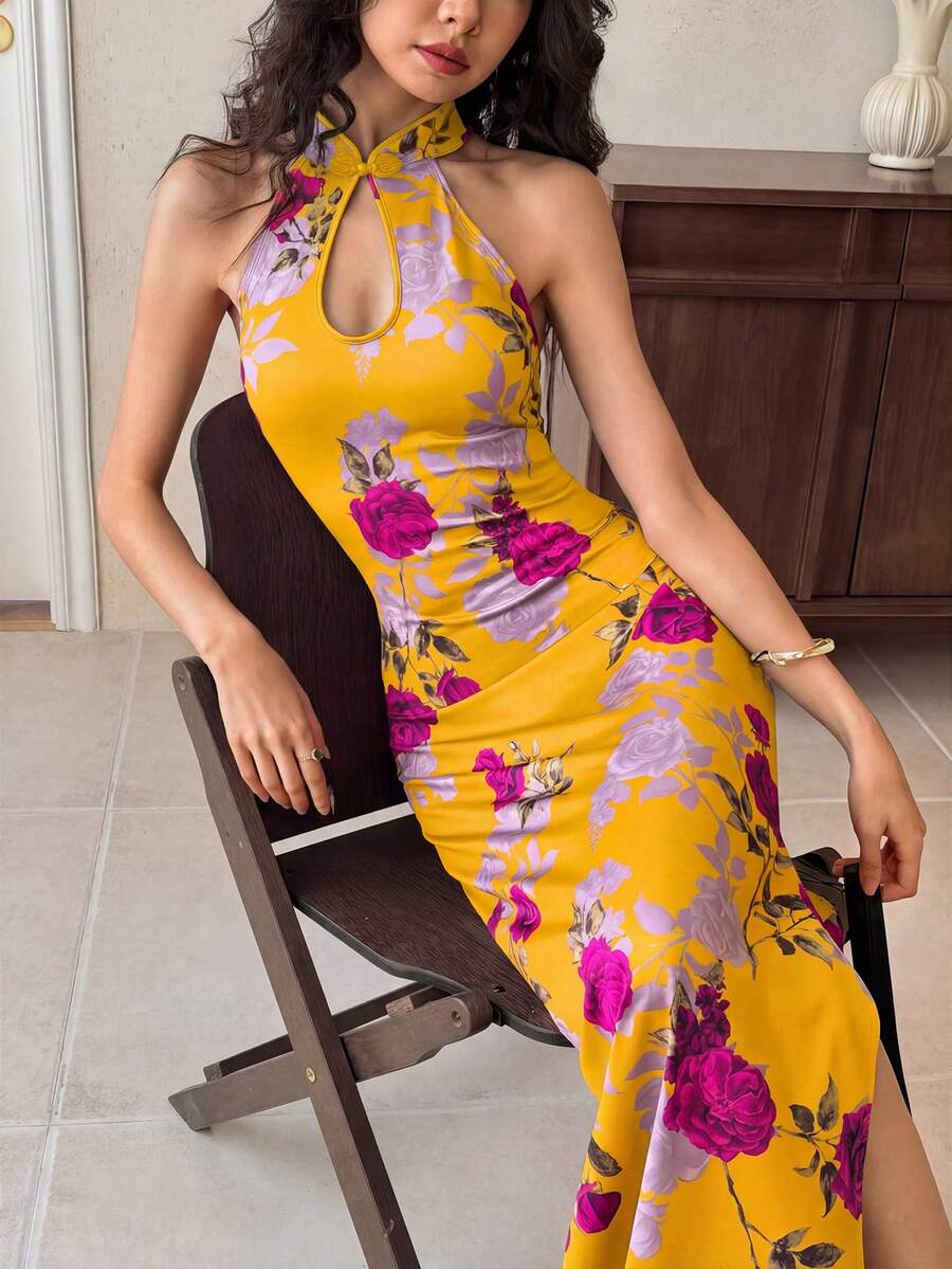 EastFlair Women's Purple And Yellow Floral Print Dress,Elegant Sexy Elegant Halter Neck Slim Fit Bodycon Summer Mid-Length Dress,Tea Party Buckle Design Fitted
