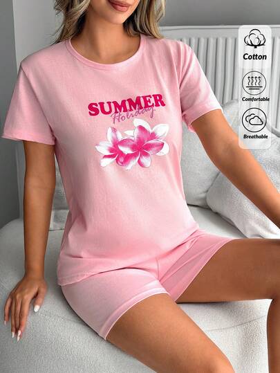 SHEIN Cottonline Women 2 Pcs Pink Summer Floral Patterned Short Sleeve Round Neck Sleep Tee + Solid Pink Shorts Sleep Bottom Casual Pajama Lounge Sets