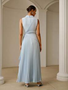 ZEYLAH Asymmetric Pleated Collar Dress, Spring/Summer - Blue - View 4