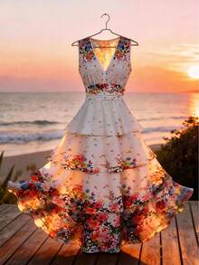 Ellevyn Ruffled Hem Romantic Floral Print Dress - Multicolor - View 1