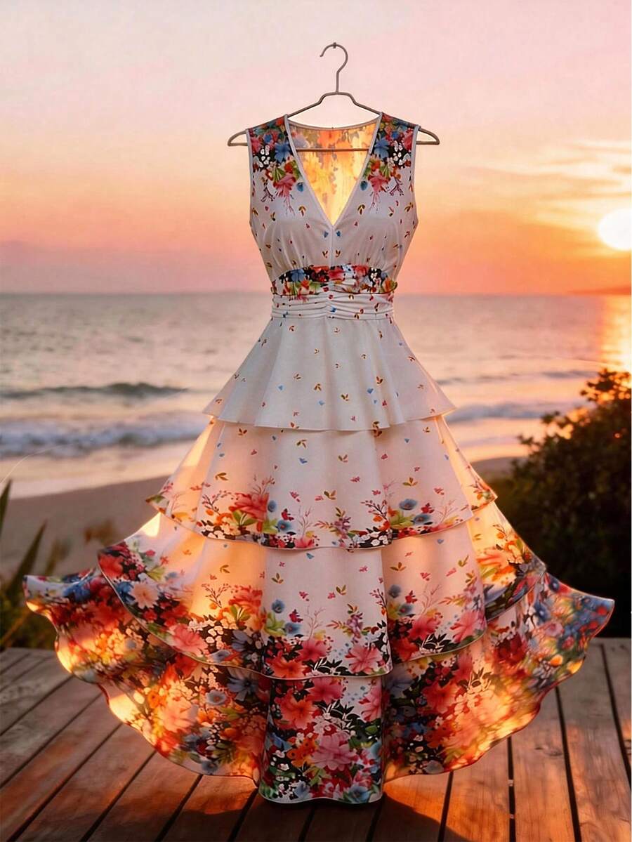 Ellevyn Ruffled Hem Romantic Floral Print Dress - Multicolor - View 1