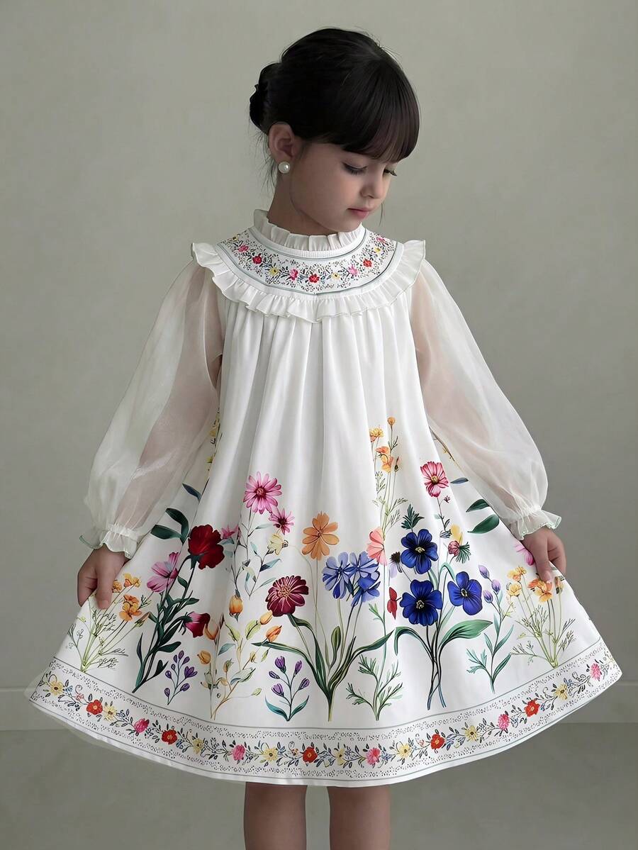 SHEIN 女童（小号）印花网纱宽松优雅连衣裙 - 彩色 - 查看 1