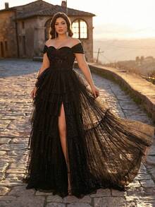 Aureia Váy maxi xòe cỡ lớn, sang trọng, thanh lịch với ren thêu, đường may xương cá, đính sequin và lưới, xẻ tà, thích hợp cho đám cưới, sự kiện, tiệc tùng, kỳ nghỉ, dạ hội (đính kèm nhiều chi tiết trang trí). - màu đen - Xem 4