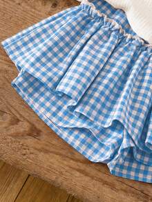 LMoss Kids Setelan Camisole dan Celana Pendek Minimalis Kasual untuk Bayi Perempuan dengan Motif Kotak-kotak Ceri yang Lucu, Cocok untuk Liburan Musim Panas - Baby Blue - View 6