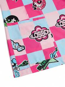 PopScrub THE POWERPUFF GIRLS X SHEIN 女士粉蓝格子印花V领工作服上衣，卡通IP联名款 - 彩色 - 查看 5