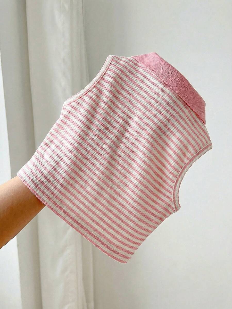 SHEIN 女婴可爱夏季百搭针织条纹无袖Polo衫 - 粉色 - 查看 1