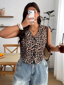 Enliva Plus-Size Leopard Print Lightweight Vest, Women's Office Top, For Apple And Rounded Body Shape - Brown - View 7