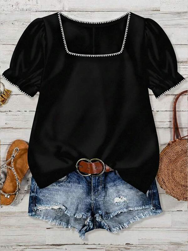 SHEIN VCAY Blusa holgada de mujer talla grande con cuello cuadrado, manga farol y decoración floral de conchas marinas, elegante para vacaciones de verano
