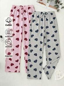 PLUS 2pcs Striped With Heart Pattern Sleep Bottom Sets Pajama Sets For Women Pants - Multicolor - View 1
