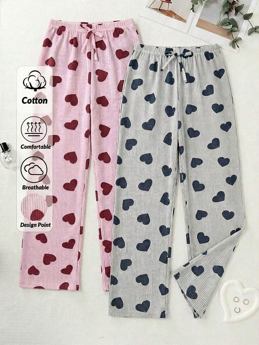 PLUS 2pcs Striped With Heart Pattern Sleep Bottom Sets Pajama Sets For Women Pants - Multicolor - View 1