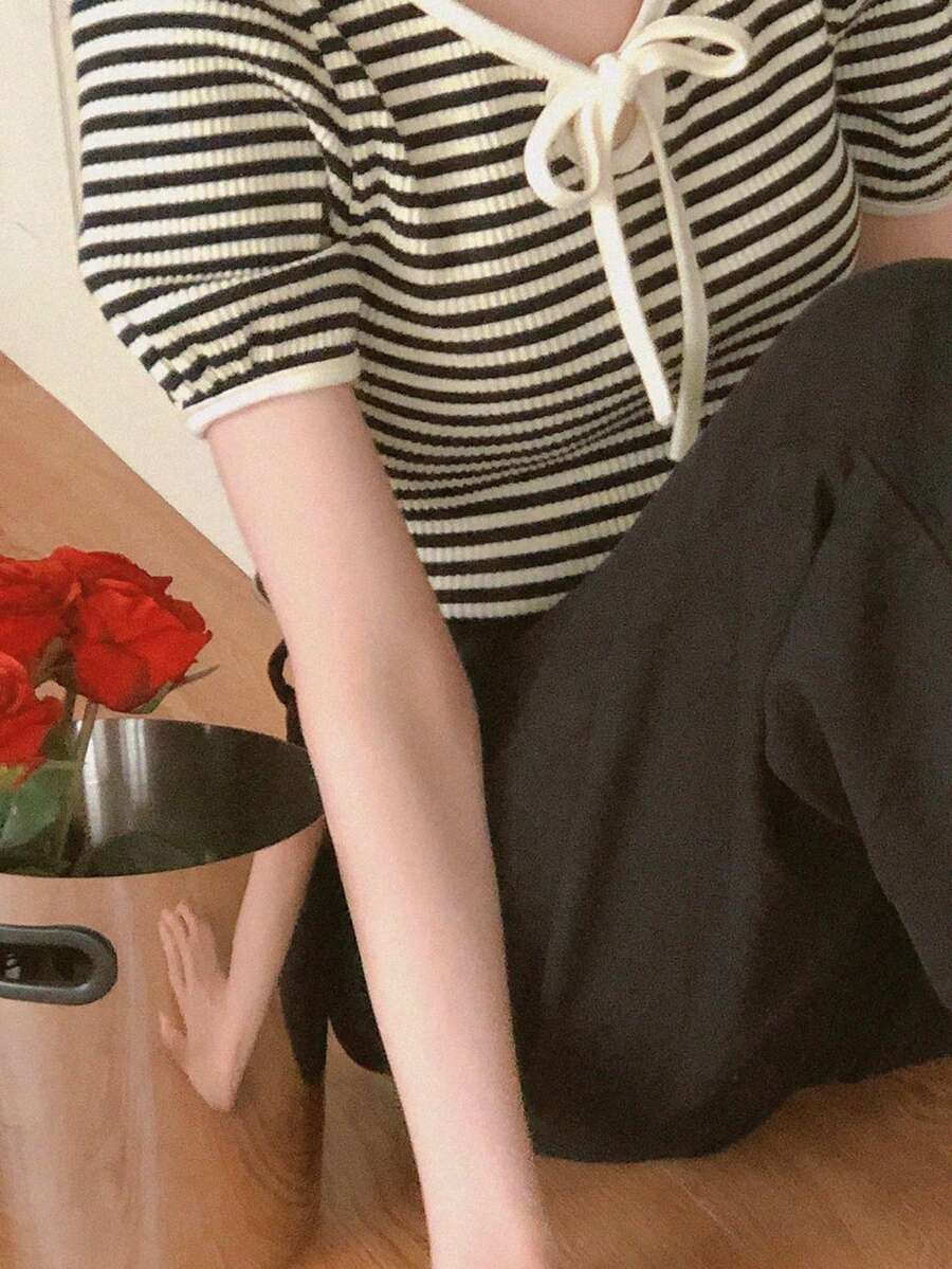 DAZY 女士休闲条纹短袖系带T恤，夏季 - 黑色 - 查看 1