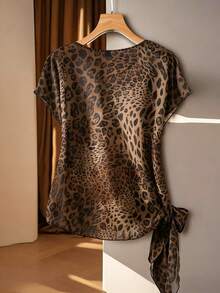 Franclia Blus Chiffon Motif Leopard Ukuran Besar dengan Pita Ikat, Musim Semi/Panas - Coffee Brown - View 2