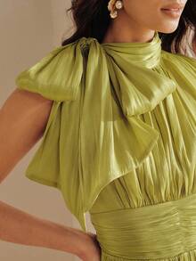 Anewsta Women's Long Dress, Spring/Autumn, Waist Ruched Shiny Elegant Versatile - Mustard Yellow - View 1