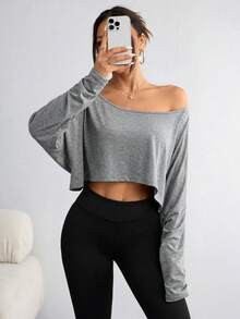 SHEIN MOOSTA Áo thun nữ tay cánh dơi dáng ngắn, màu trơn, kiểu dáng thường ngày - Màu Xám nhạt - Xem 5