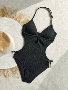 SHEIN Teenager Mädchen Urlaub Schwarzer Strick Jacquard Textur V-Ausschnitt Rückenfrei Neckholder Einteiliger Badeanzug Badeanzüge - Schwarz - Übersicht 3