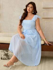 EMERY ROSE Plus Size Elegant & Comfortable Waist Cinching Dress, Square Neck Cap Sleeve Design, Suitable For Dates And Vacations - Blue - View 8