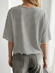 FRIFUL Women's Wavy Striped Loose Contrast Trim Short Sleeve T-Shirt, Summer Casual Wear - Black and White - View 12