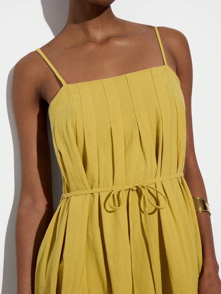 SHEIN Maija MAIJA Women's Elegent Mustard Yellow Cotton Square Neck Spaghetti Strap Pleated Maxi Dress,Summer Vacation Sun Dresses,Country Concert Outfit,Brunch