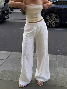 Firerie Women's Casual Loose High Waist Wide Leg Pants, White Embroidered Textured Fabric Pants, Beach Vacation Vacation Trousers, Spring/Summer Bohemian - White - View 1