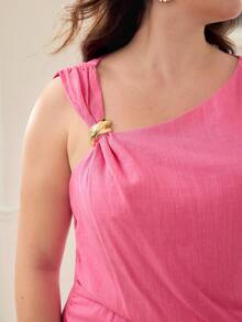 MOTF PREMIUM 大码女式粘胶亚麻混纺A字褶皱中长连衣裙，春夏款 - 玫紅色 - 查看 2