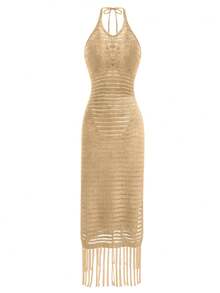 SHEIN X Clarissa Marchese Selianne Đầm hở lưng tua rua hở lưng cao cấp cho kỳ nghỉ hè của phụ nữ - Màu Khaki - Xem 7