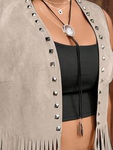 SHEIN Tall CURVE Áo khoác dáng rộng không tay, nhẹ, kiểu cao bồi miền Tây, có tua rua và đinh tán, phù hợp cho mùa xuân, hè và thu. - Màu Khaki - Xem 6